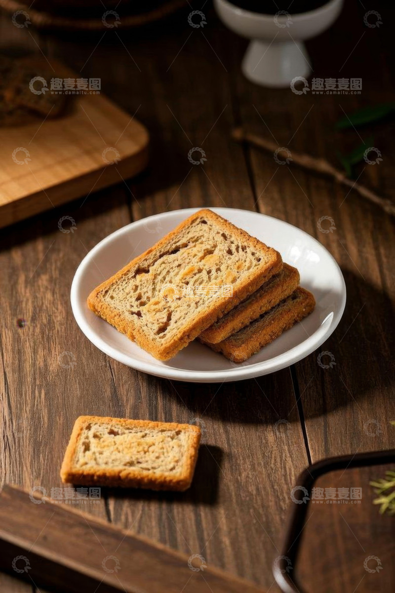 高清大图下载【趣麦麦图】木桌上白盘内的美味吐司