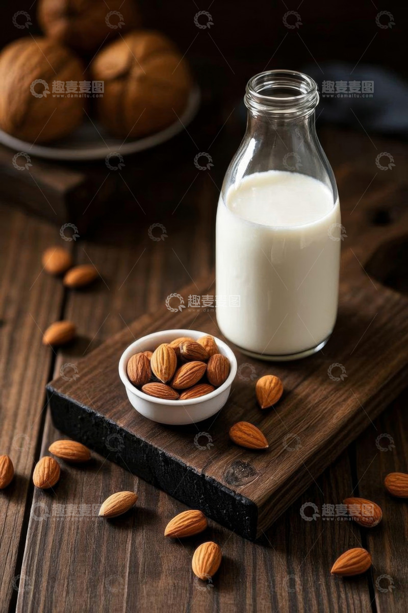 高清大图下载【趣麦麦图】木桌上的杏仁与瓶装牛奶