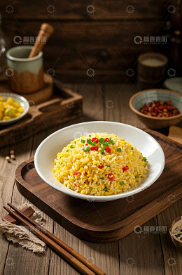 木桌上的美味蛋炒饭