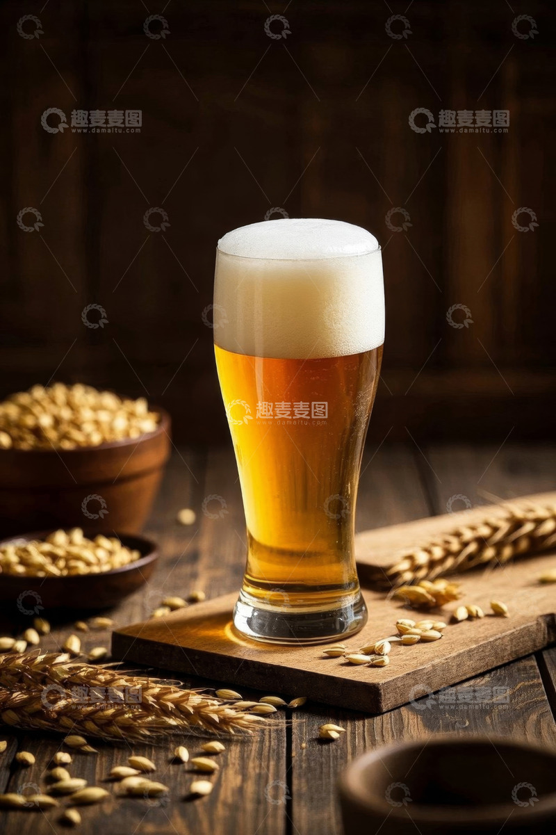 高清大图下载【趣麦麦图】木桌上的一杯泡沫丰富的啤酒