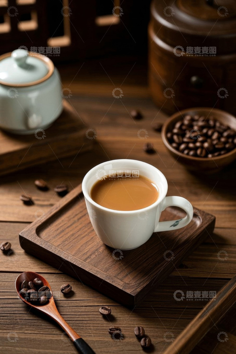 高清大图下载【趣麦麦图】木桌上的咖啡杯与咖啡豆