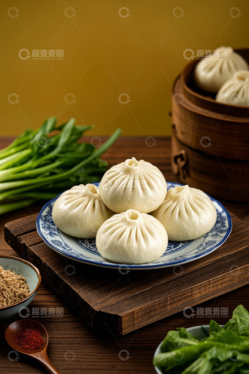 高清大图下载【趣麦麦图】中式餐桌上的包子与配菜