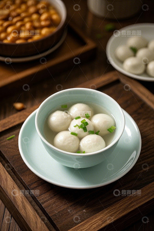碗装汤圆配葱花的美食画面