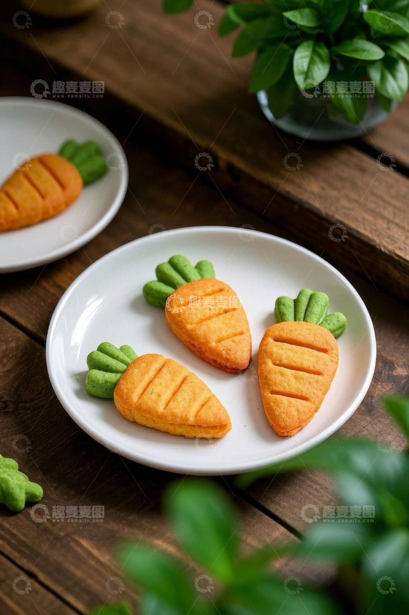 高清大图下载【趣麦麦图】木质桌面上的胡萝卜造型饼干
