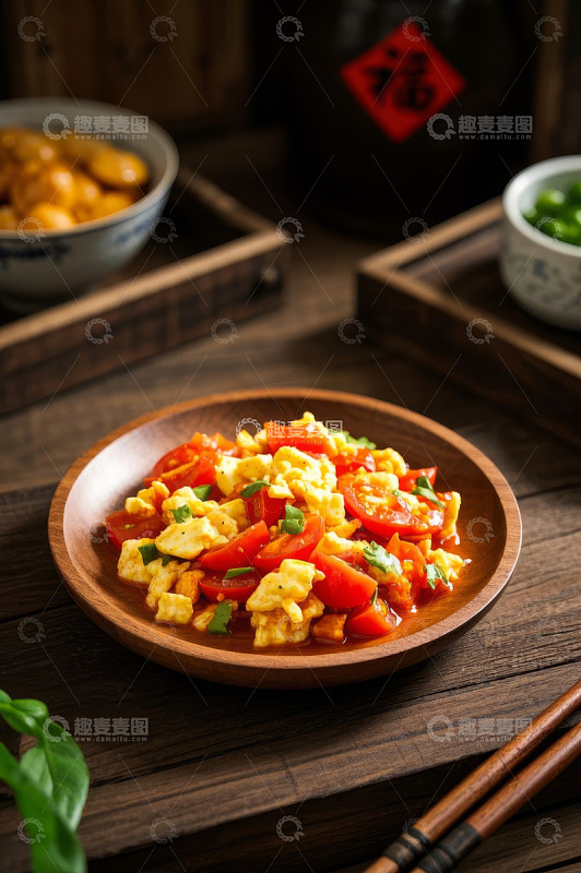 木盘装西红柿炒鸡蛋美食