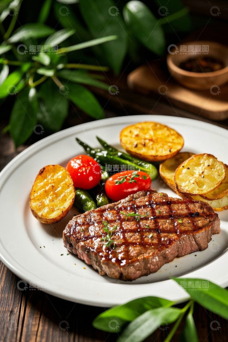 高清大图下载【趣麦麦图】牛排配蔬菜美食摆盘