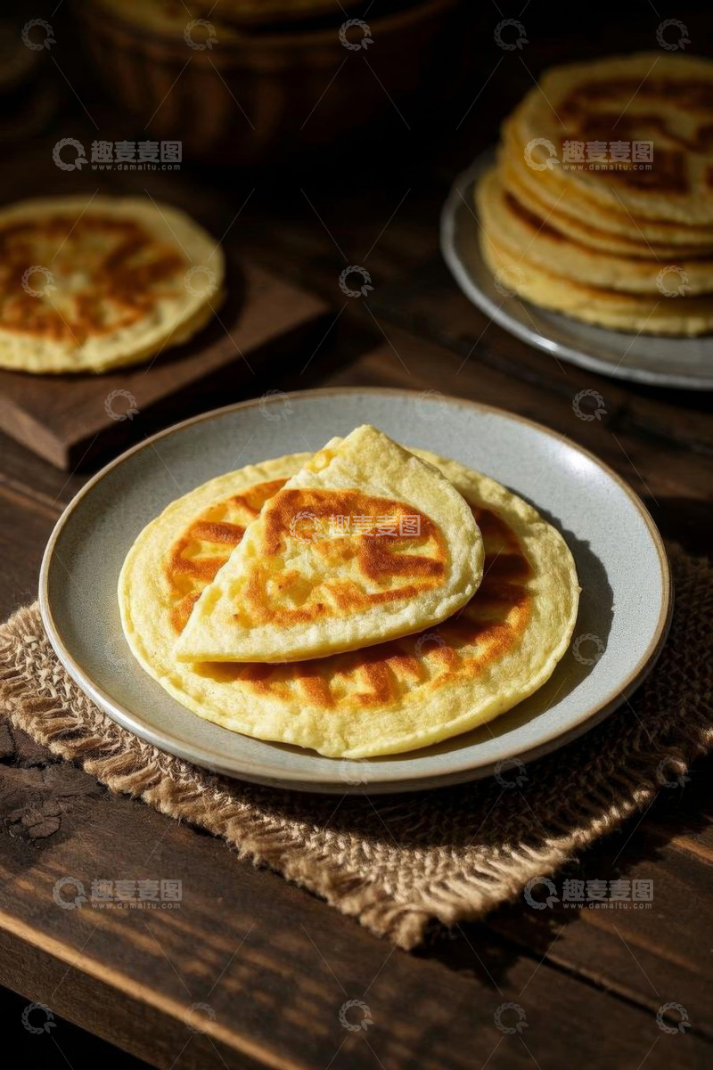 高清大图下载【趣麦麦图】木桌上摆放的美味煎饼