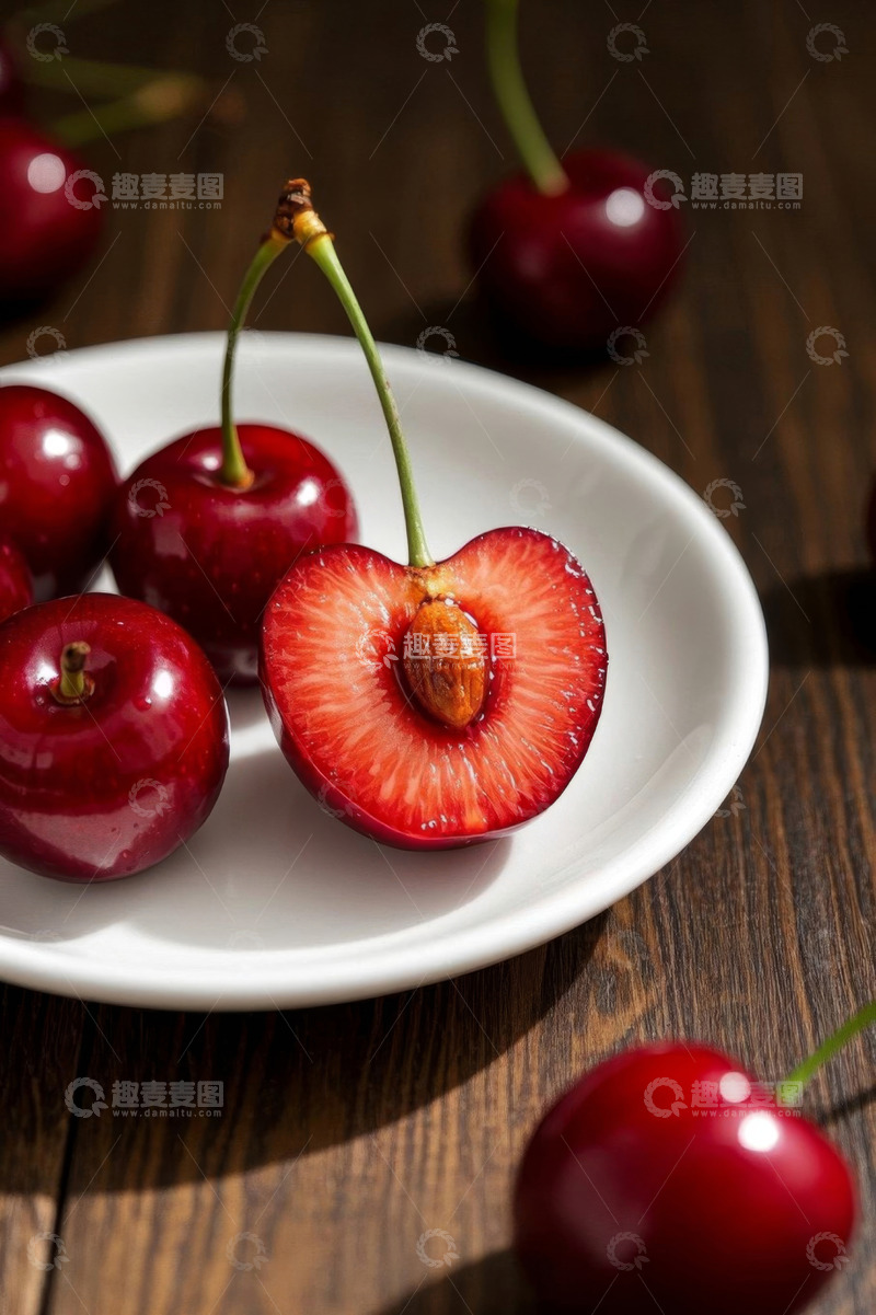 高清大图下载【趣麦麦图】白色盘中新鲜樱桃特写