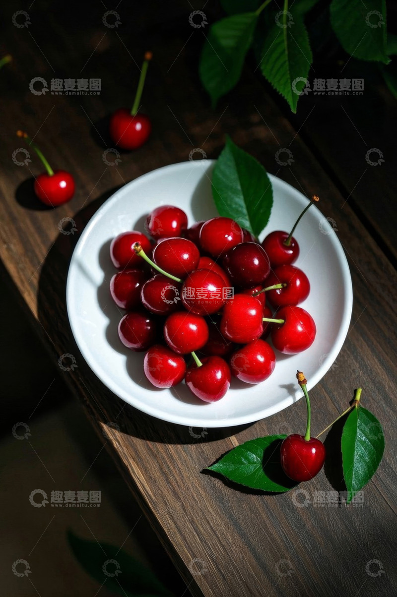 高清大图下载【趣麦麦图】白盘内新鲜樱桃静物