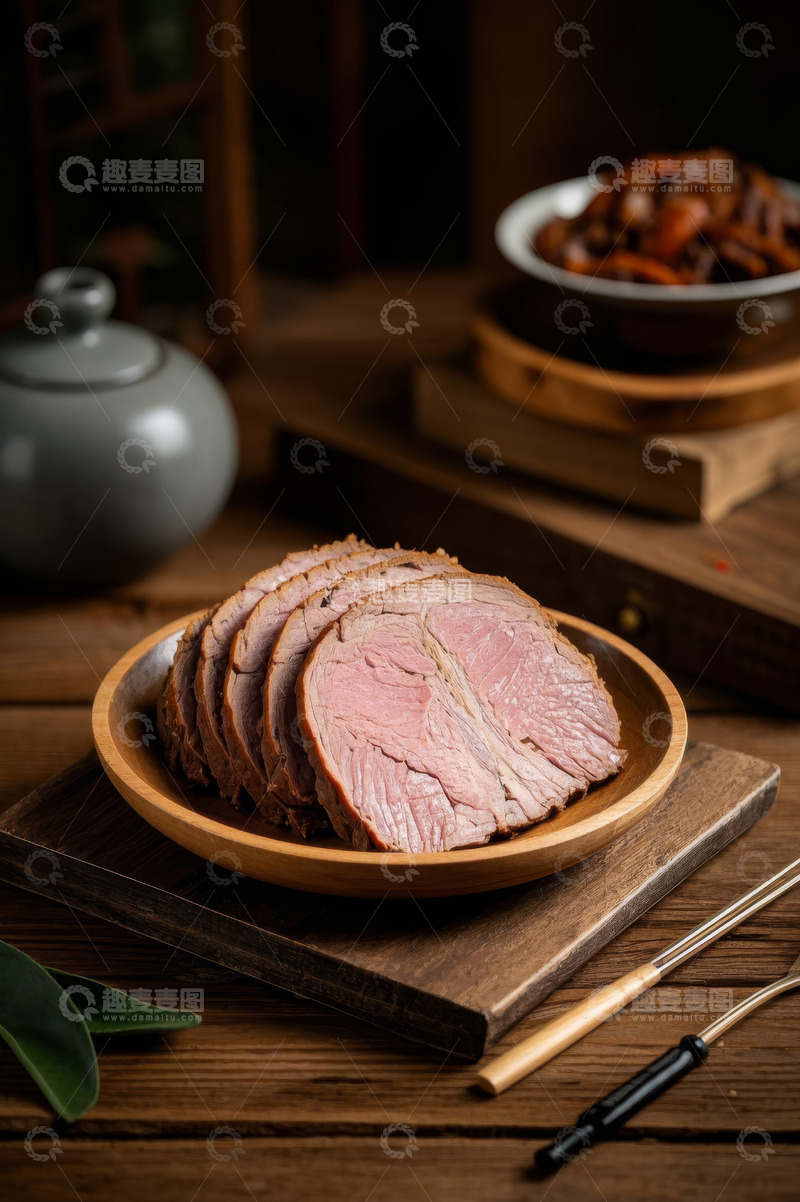 高清大图下载【趣麦麦图】中式木盘酱牛肉特写