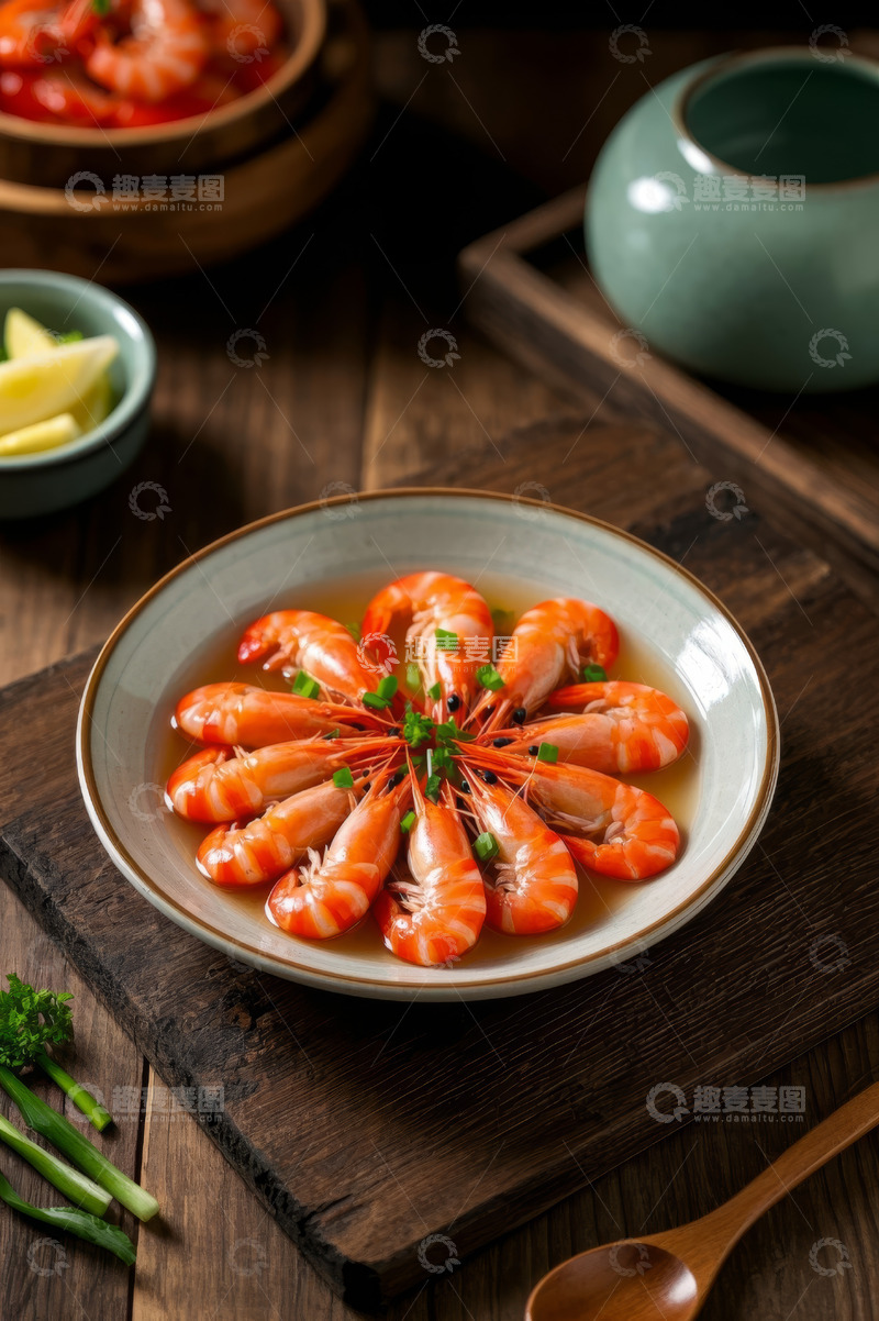 高清大图下载【趣麦麦图】木盘盛放的美味大虾菜肴