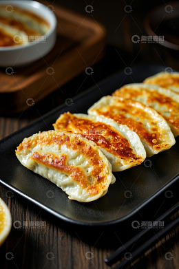 黑色盘中摆放的美味煎饺
