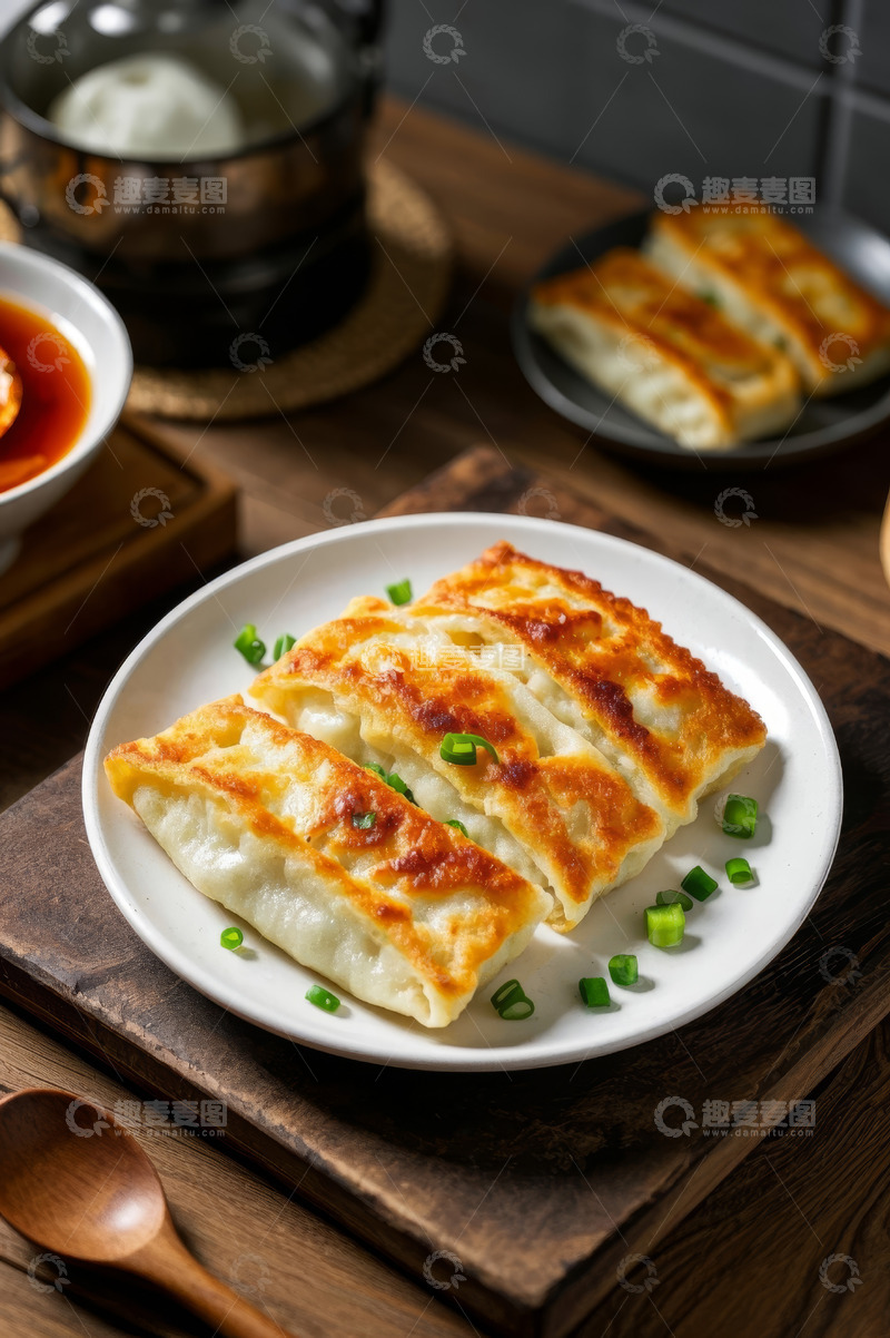 高清大图下载【趣麦麦图】木桌上摆放的美味煎饺