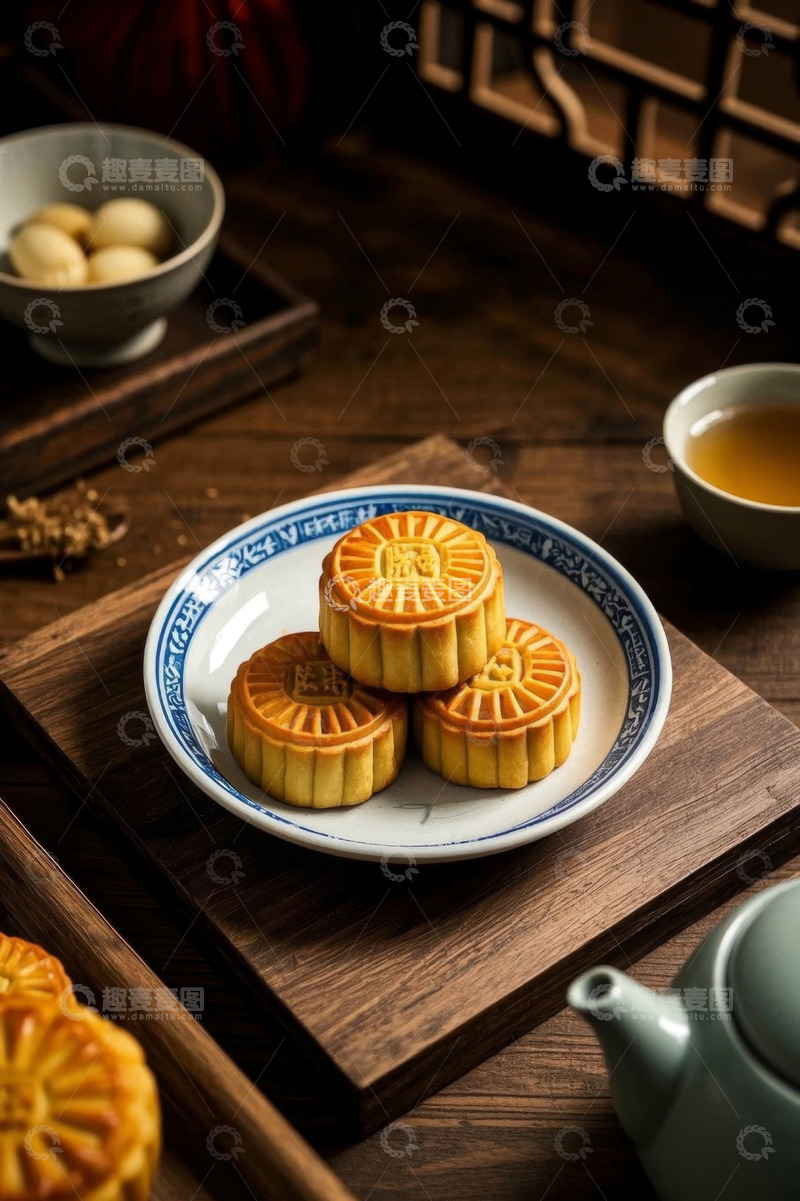 高清大图下载【趣麦麦图】中式风格月饼与茶的搭配