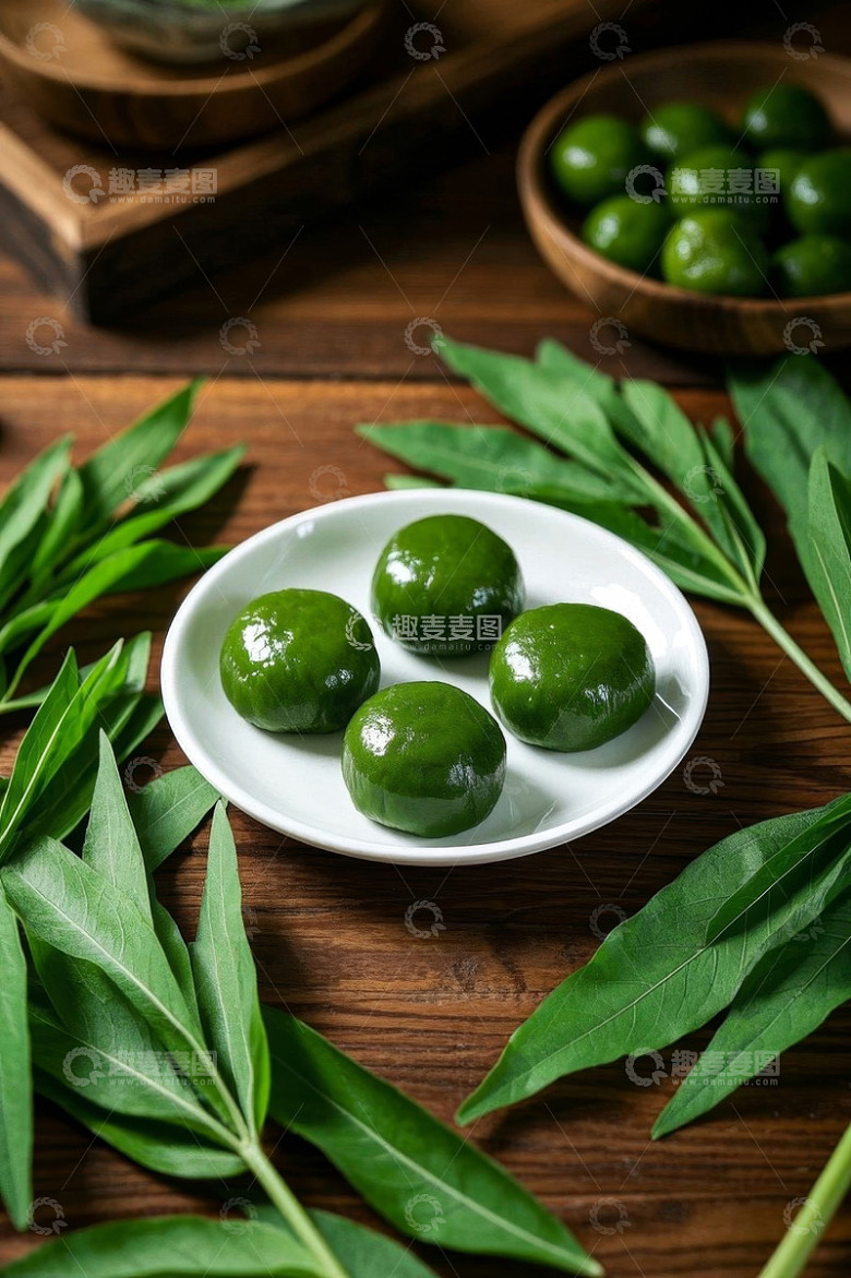 木桌上的青团与艾叶