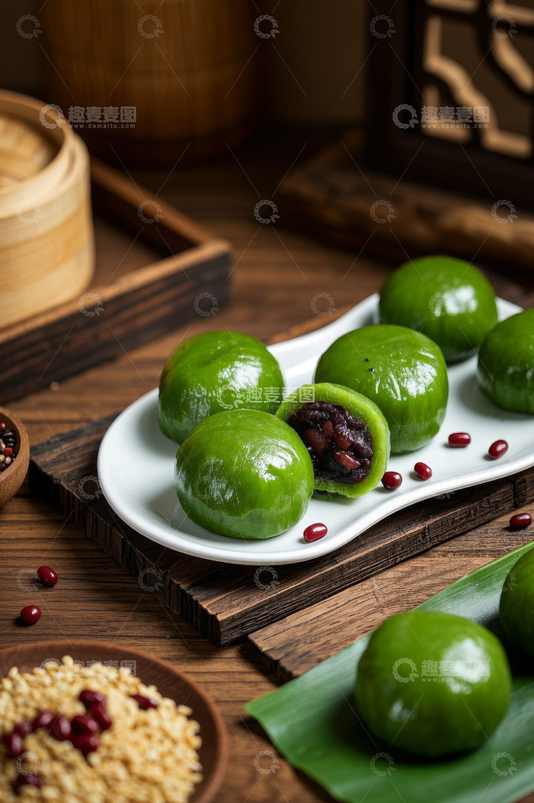 中式木桌上的红豆馅青团
