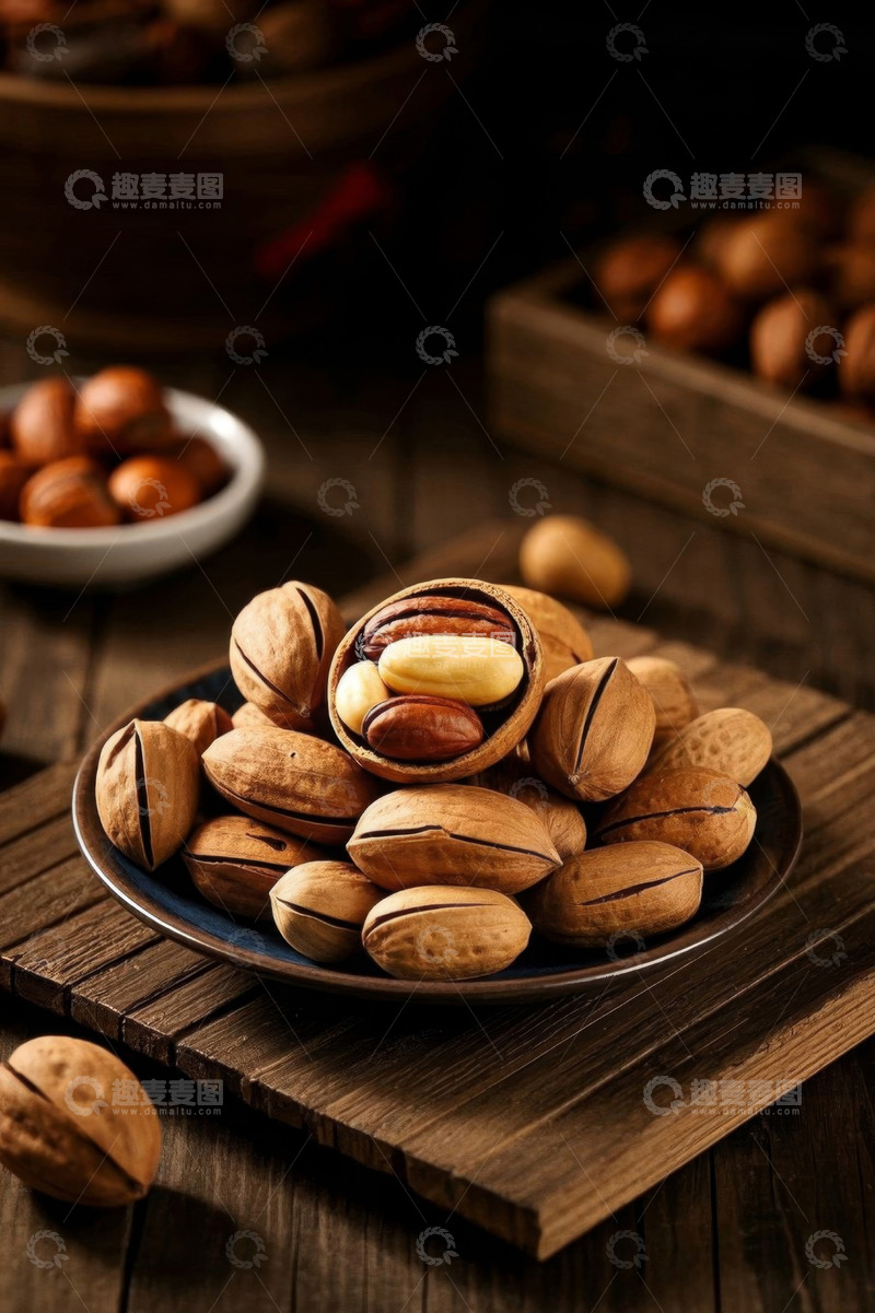 高清大图下载【趣麦麦图】木盘上摆放的美味坚果