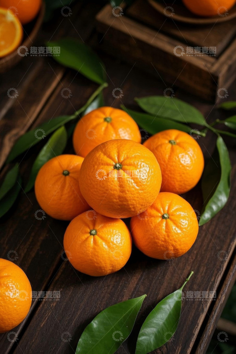 高清大图下载【趣麦麦图】木质桌面上堆放的新鲜橘子