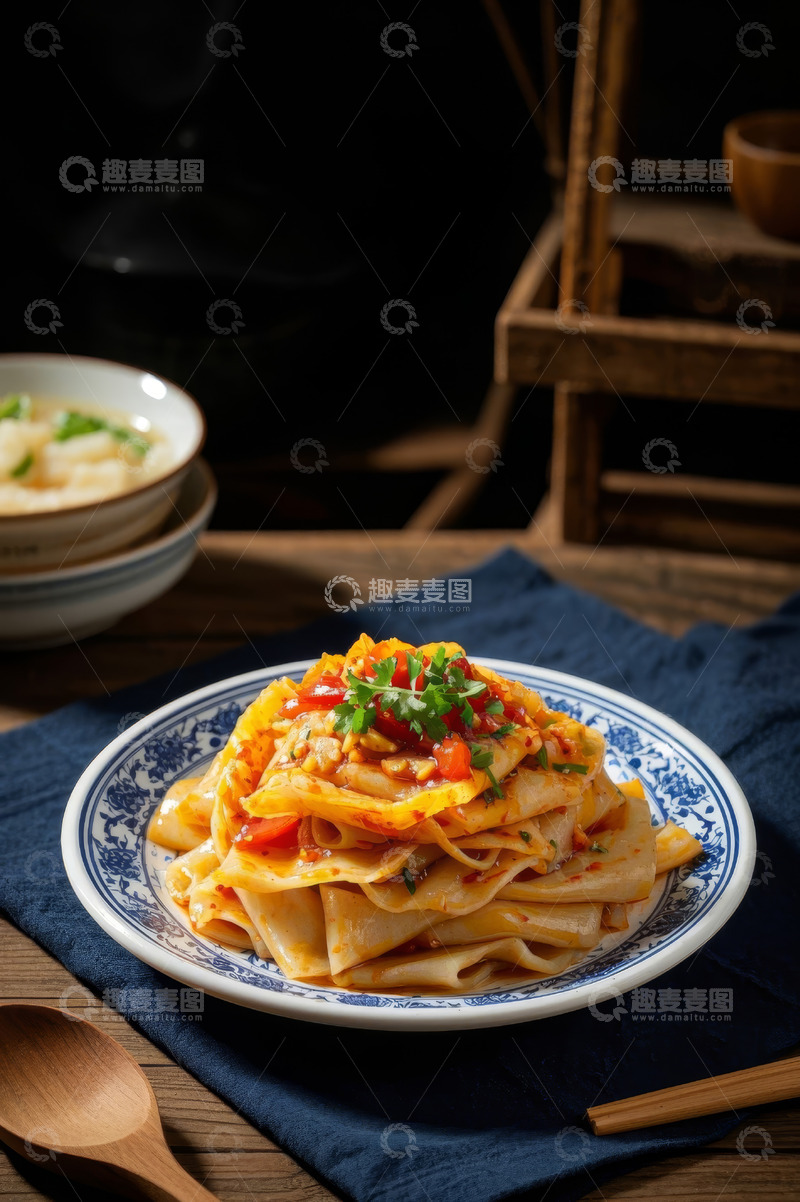 高清大图下载【趣麦麦图】蓝白瓷盘装的特色凉拌面食