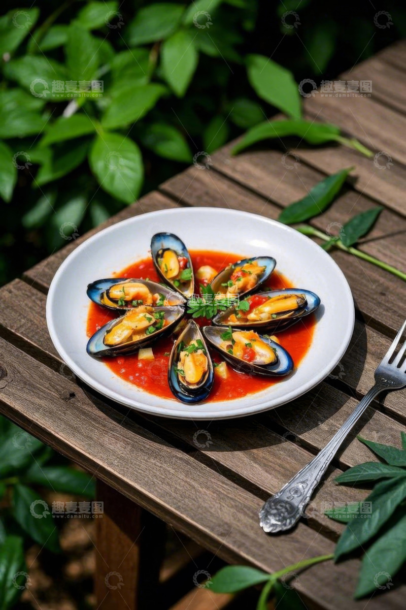 高清大图下载【趣麦麦图】木桌上的贻贝美食