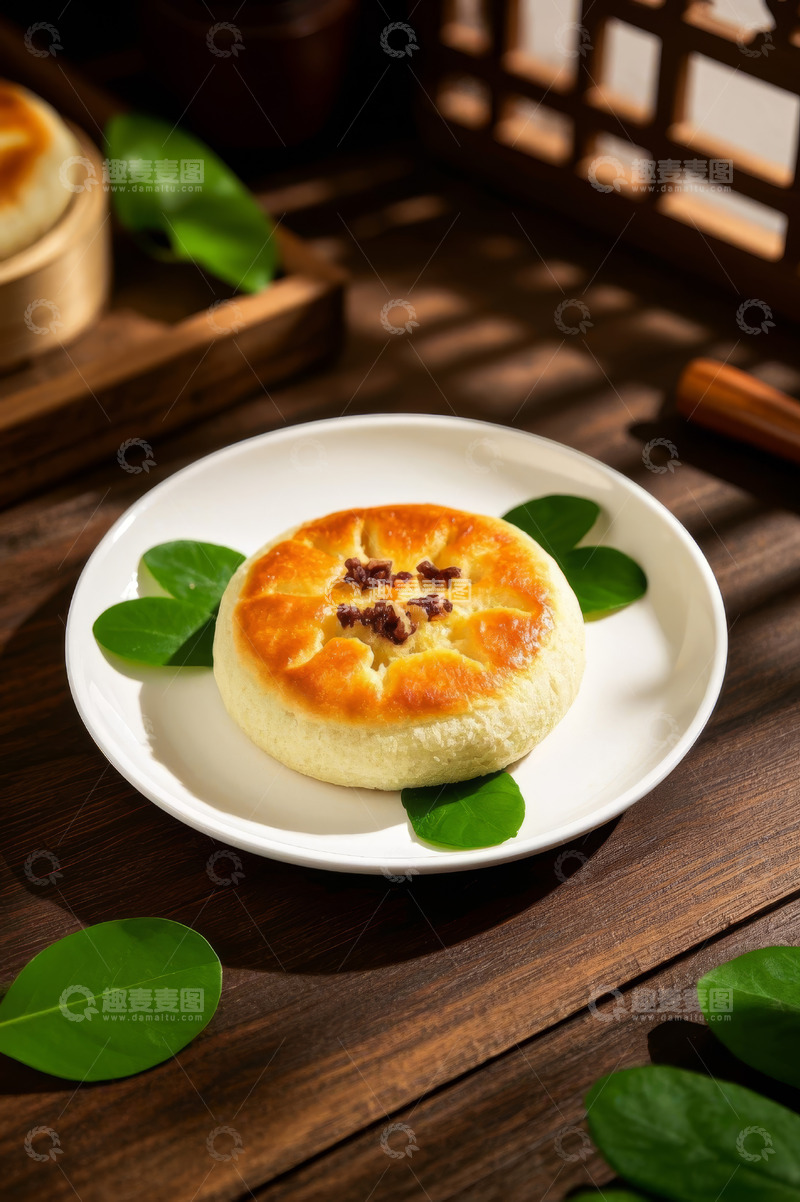 高清大图下载【趣麦麦图】木桌上白盘里的老婆饼特写