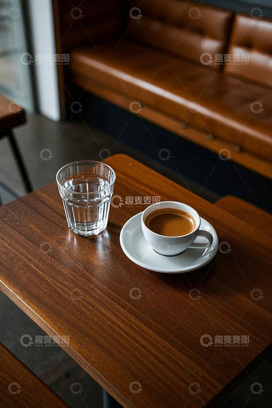 木桌上的咖啡与水杯