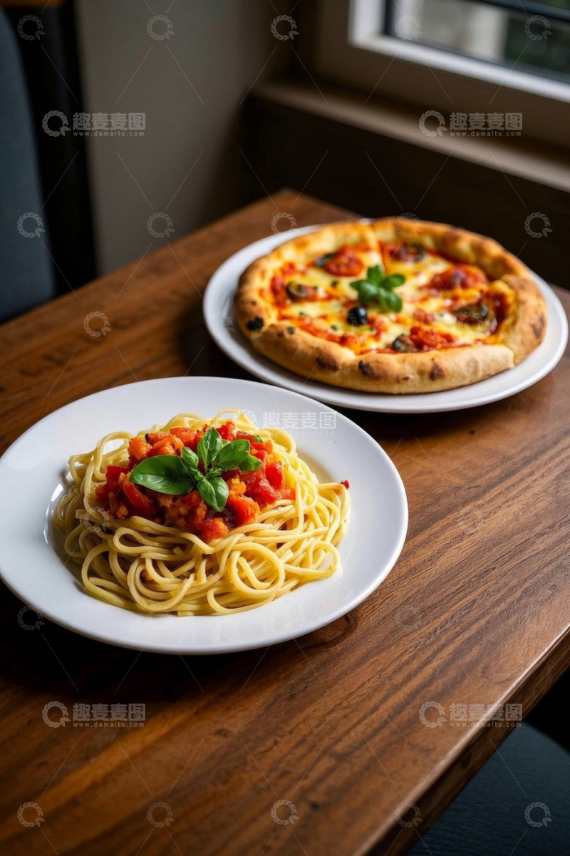 高清大图下载【趣麦麦图】木桌上的意大利面与披萨