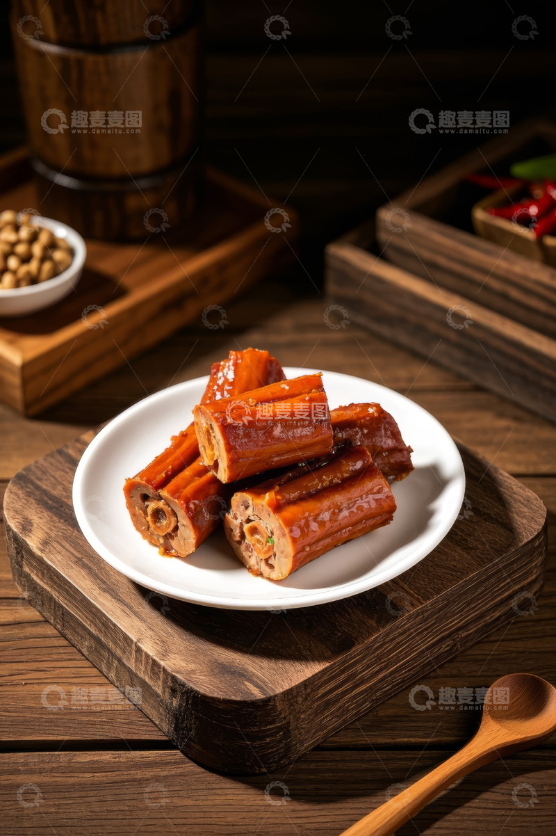 高清大图下载【趣麦麦图】木盘上摆放的美味卤味鸭脖