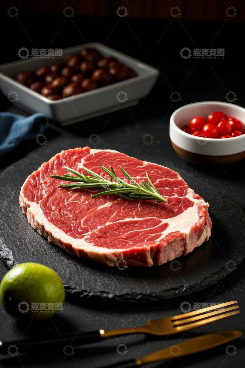 高清大图下载【趣麦麦图】黑石板上摆放的新鲜牛排