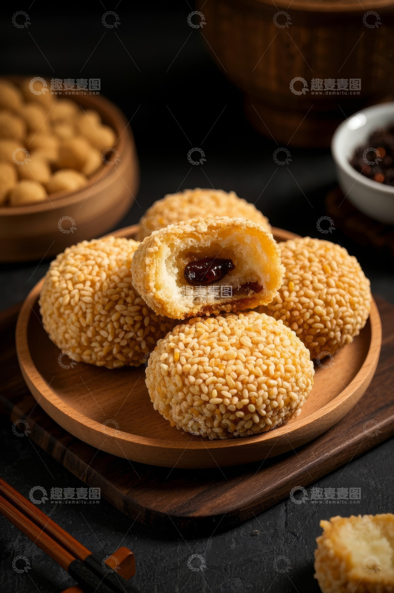 高清大图下载【趣麦麦图】木盘上的芝麻豆沙馅点心