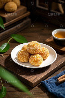 中式点心芝麻球配茶场景