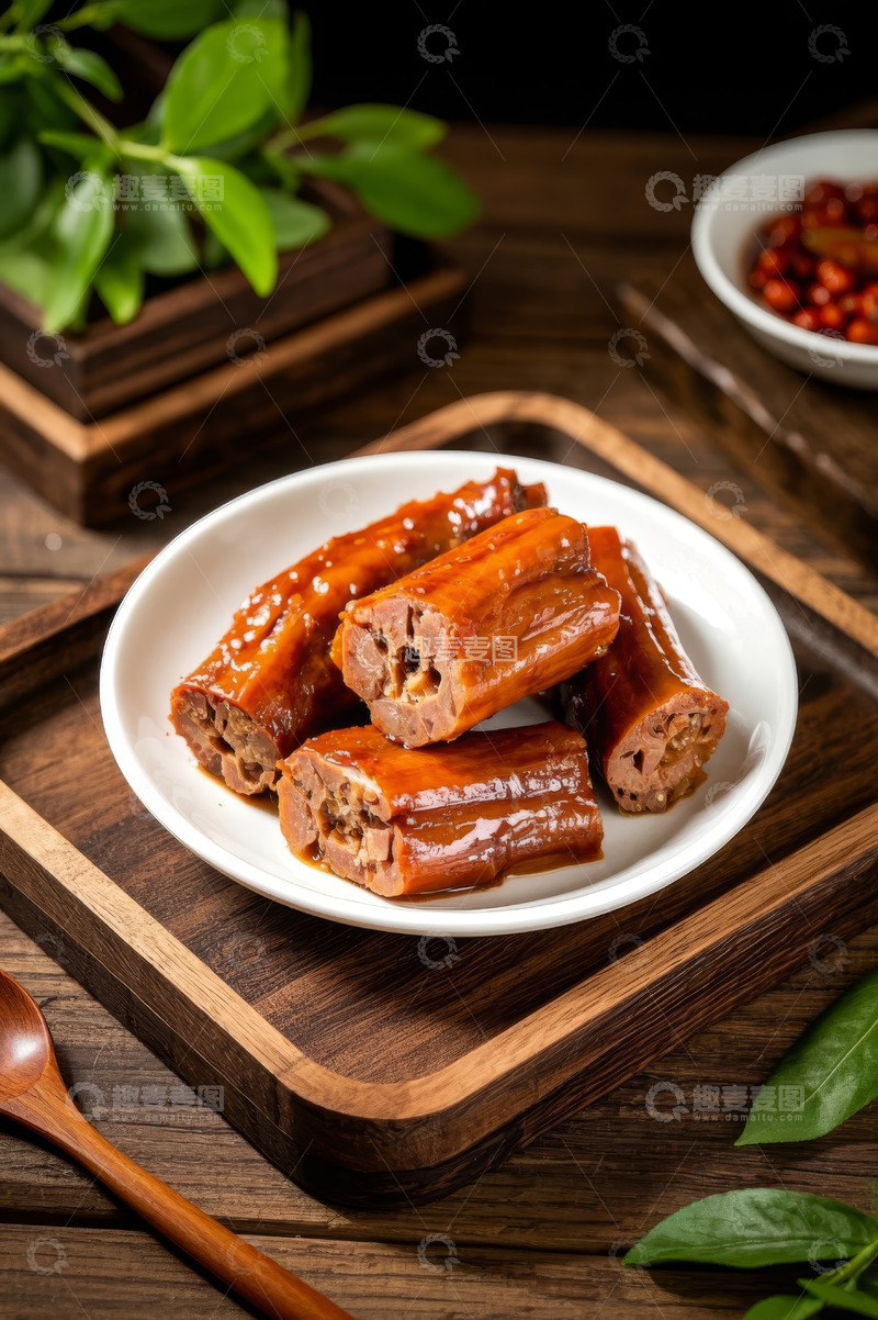 高清大图下载【趣麦麦图】木盘上摆放的卤味鸭脖