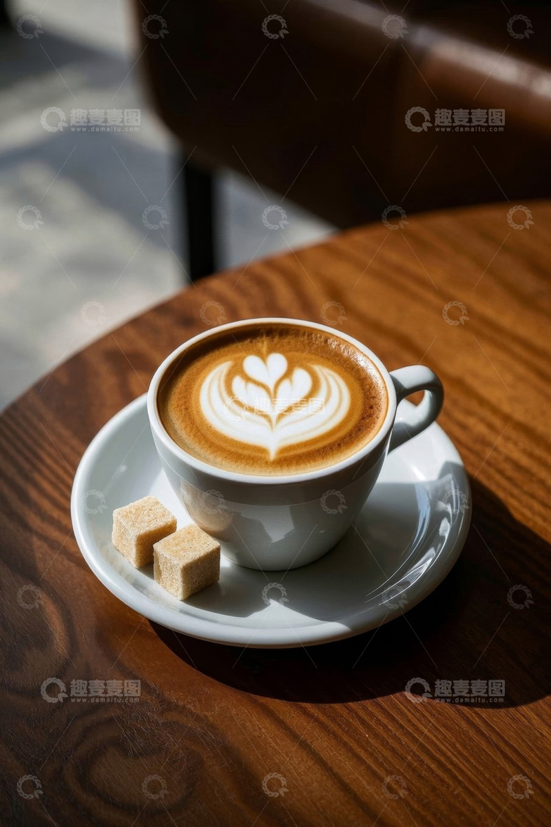 高清大图下载【趣麦麦图】木桌上的拉花咖啡与方糖