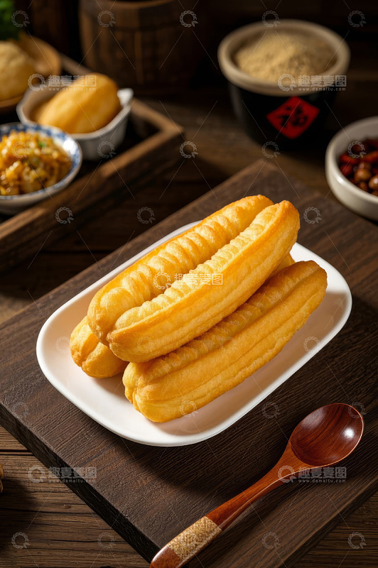 木桌上摆放的金黄油条美食