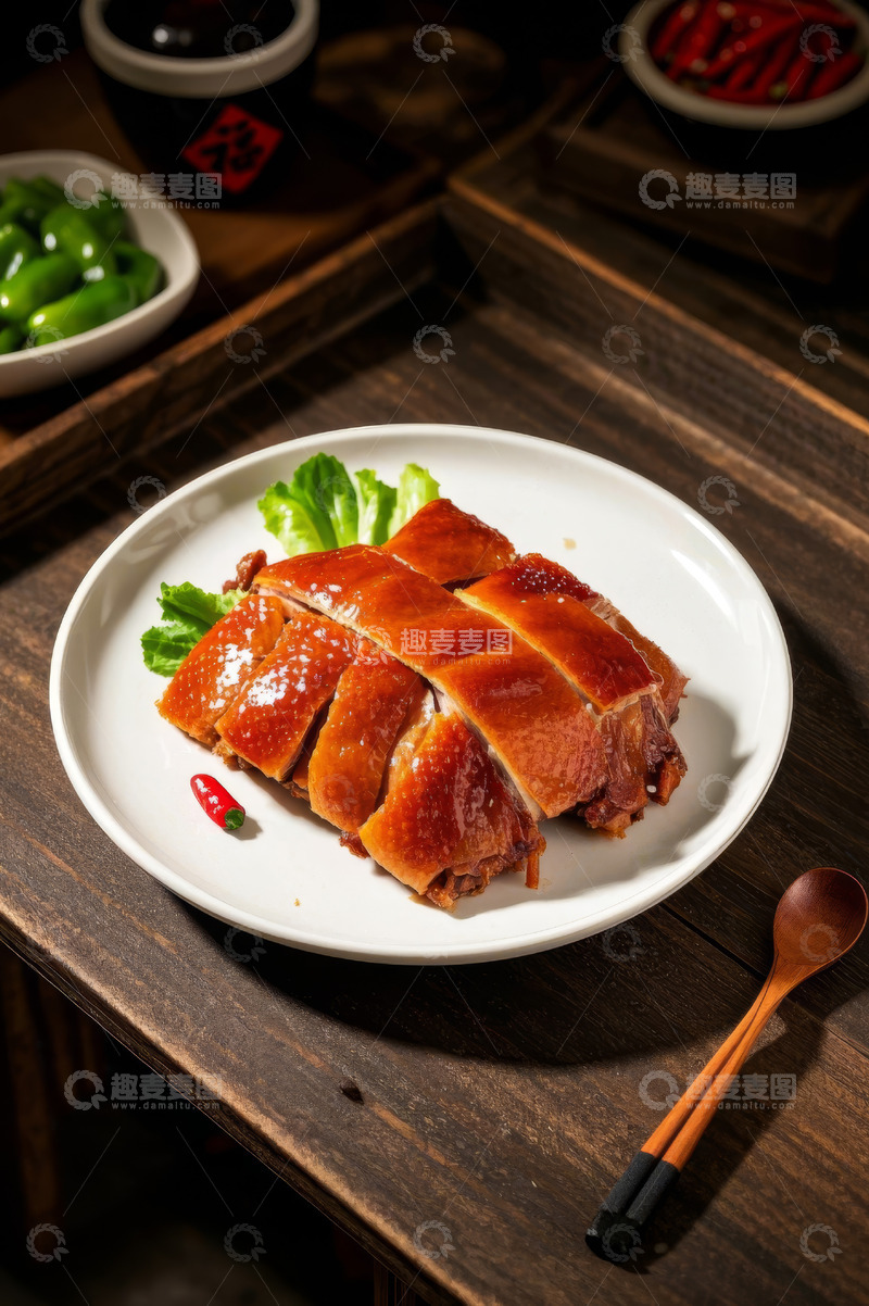 高清大图下载【趣麦麦图】木桌上的美味烤鸭摆盘