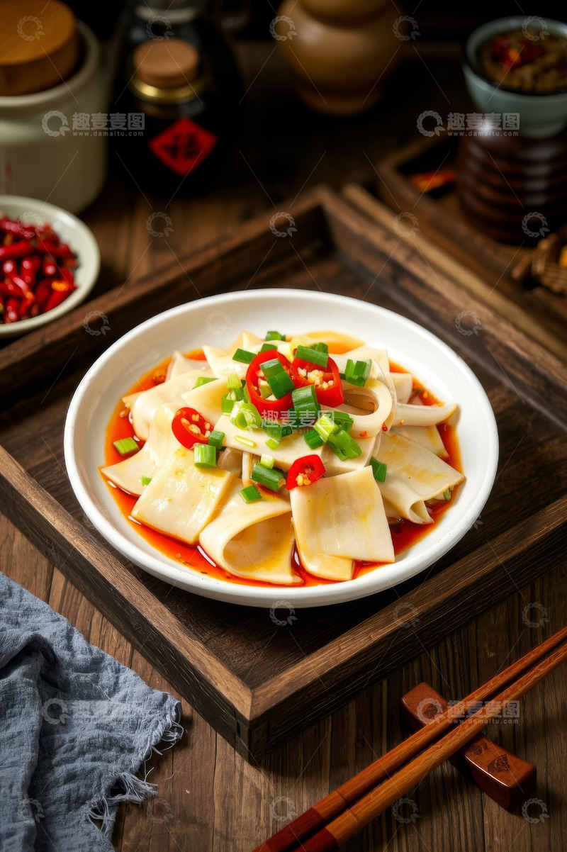 高清大图下载【趣麦麦图】木盘盛放的凉拌豆制品美食