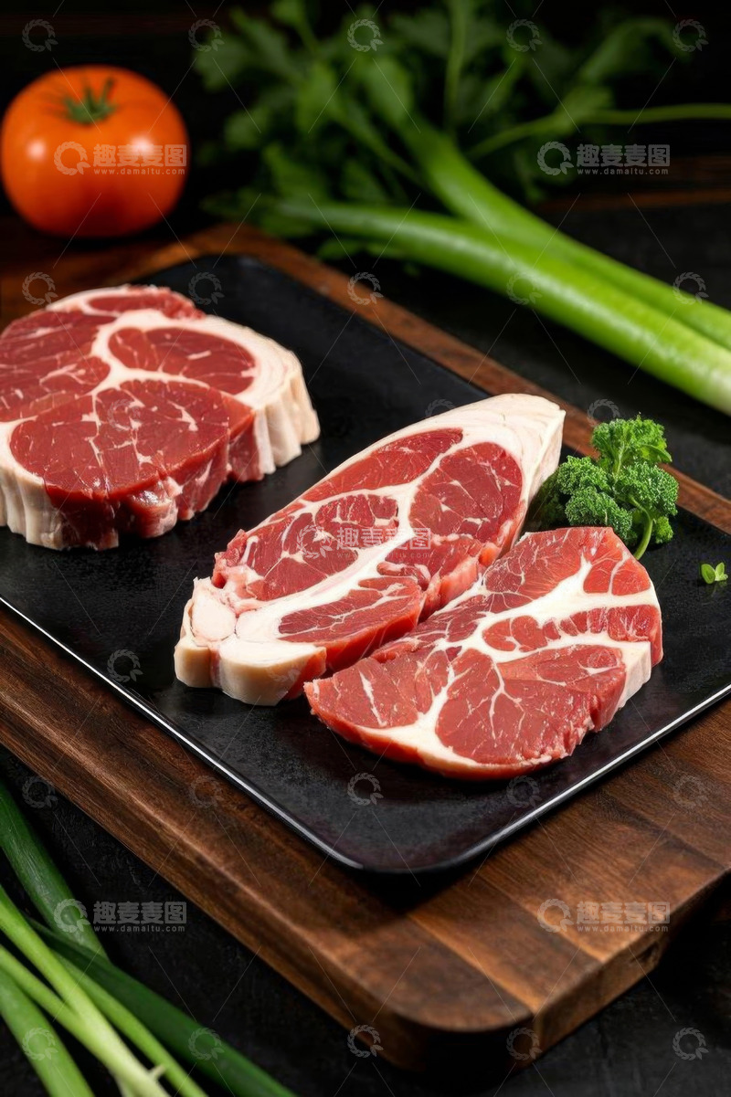 高清大图下载【趣麦麦图】黑色托盘上的新鲜生牛排
