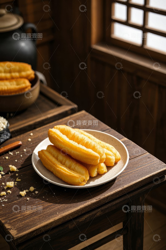 中式木桌摆放的油炸油条