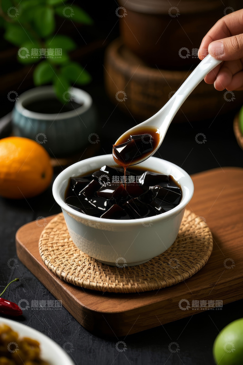 高清大图下载【趣麦麦图】手持汤勺舀取碗中黑凉粉