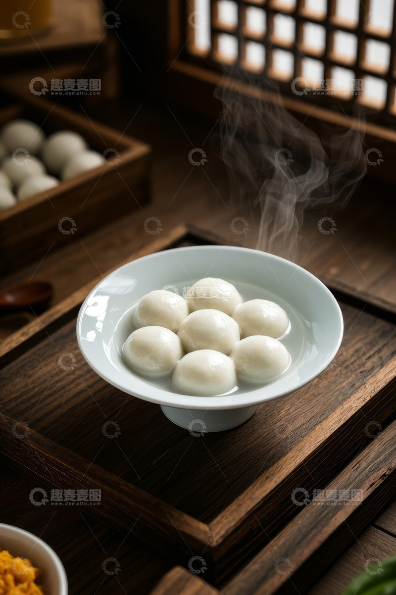 高清大图下载【趣麦麦图】中式木桌上的一碗热气腾腾汤圆