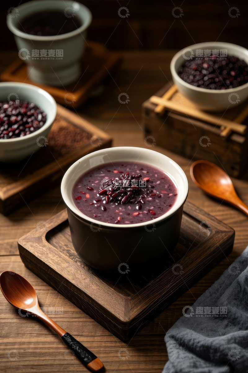 高清大图下载【趣麦麦图】木桌上摆放的一碗红豆粥