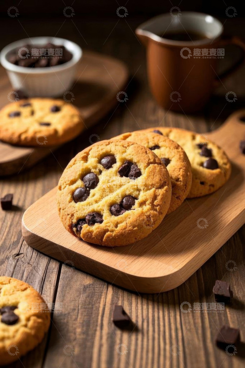高清大图下载【趣麦麦图】木制砧板上的巧克力曲奇饼干