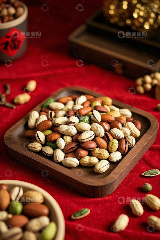 红色桌布上的混合坚果
