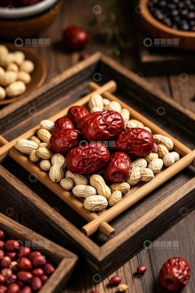高清大图下载【趣麦麦图】木盘内摆放的红枣与花生