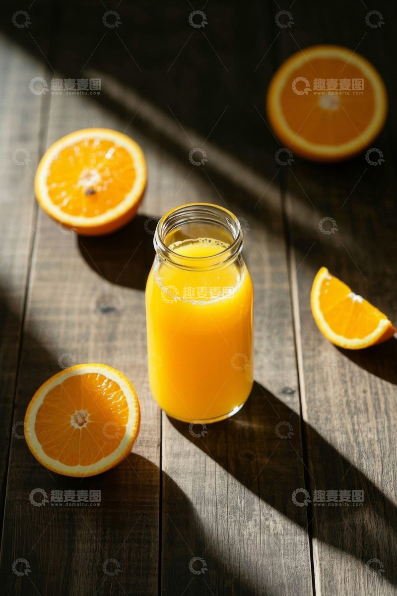 高清大图下载【趣麦麦图】木桌上玻璃瓶橙汁与橙子