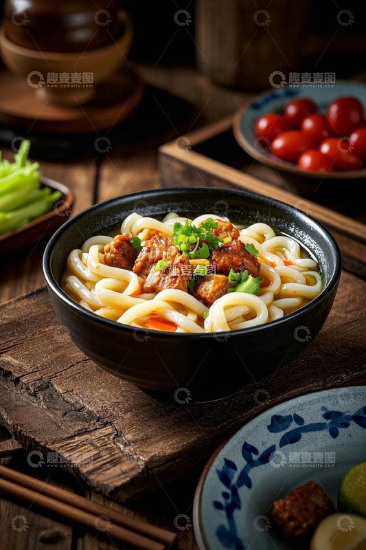 木桌上摆放的牛肉汤面