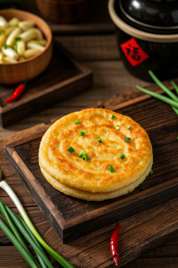 木制托盘上的葱花饼美食