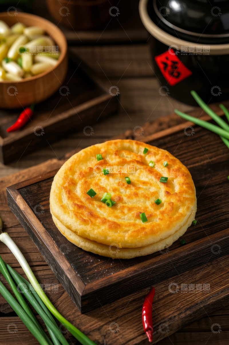 高清大图下载【趣麦麦图】木制托盘上的葱花饼美食