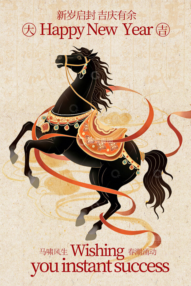 源文件下载【趣麦麦图】新年骏马贺图复古节日马年海报