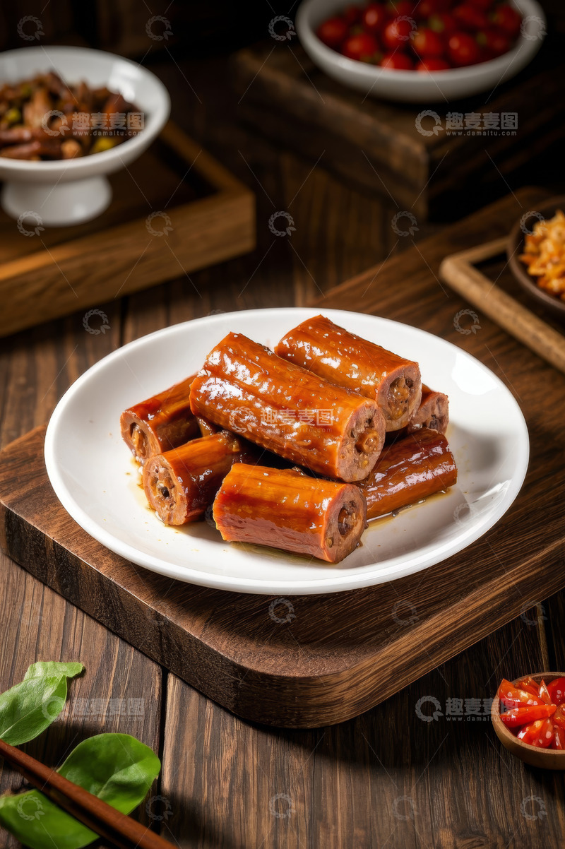 高清大图下载【趣麦麦图】木桌白盘上的美味卤鸭脖